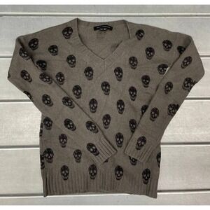 Skull Cashmere‎ Sweater Womens XS Gray Black Jumper Pullover Vneck Grunge Gothic